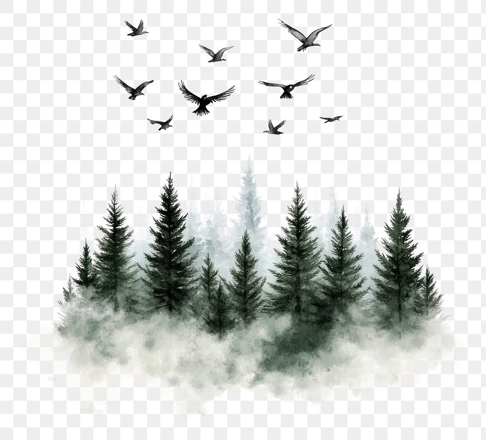 PNG Forest with spruce trees flying birds illustration.