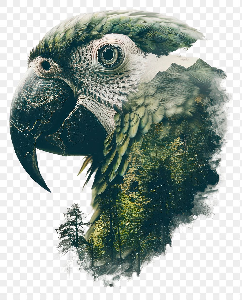 PNG Green parrot with trees exposure double design.