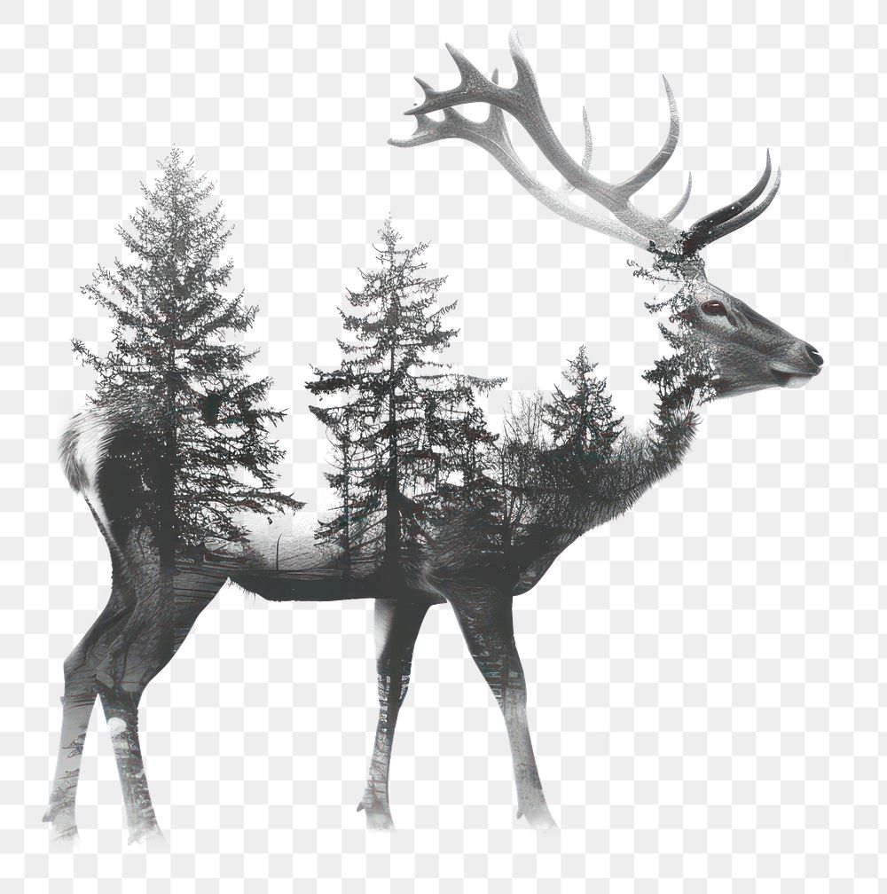 PNG Animal double exposure deer with trees wildlife antlers illustration.