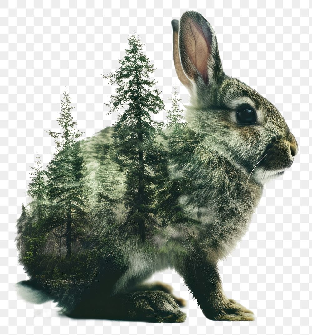 PNG Animal double exposure rabbit with trees design illustration artistic.