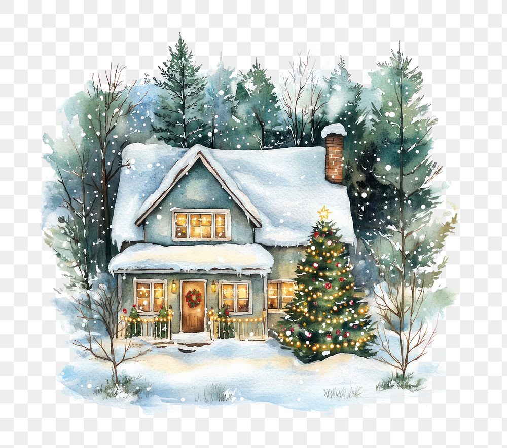 PNG A cozy Christmas house nestled in the forest christmas trees illustration.