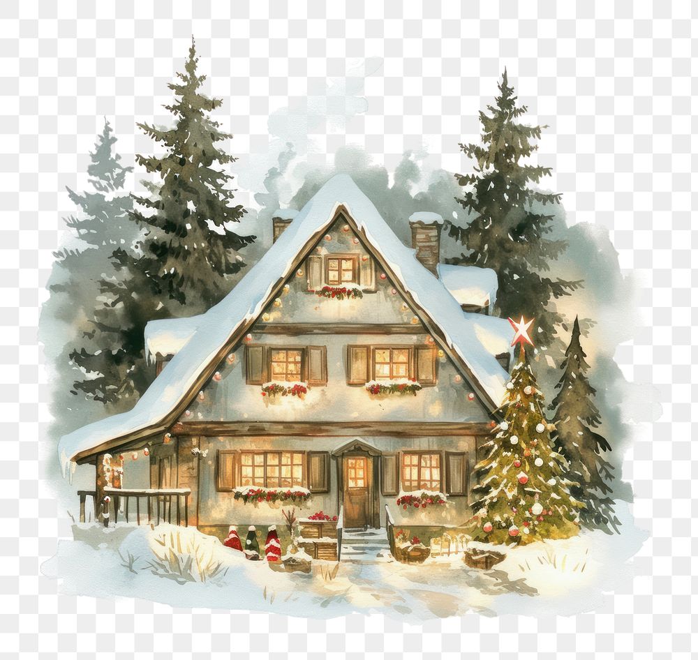 PNG A cozy Christmas house nestled in the forest christmas tree illustration.