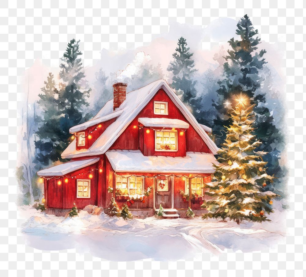 PNG A cozy Christmas red house in the forest christmas tree illustration.