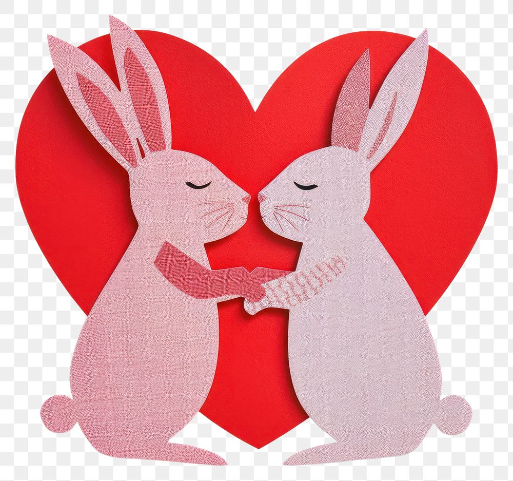 PNG Two rabbit huging a big heart retro paper collage rabbits animals design.