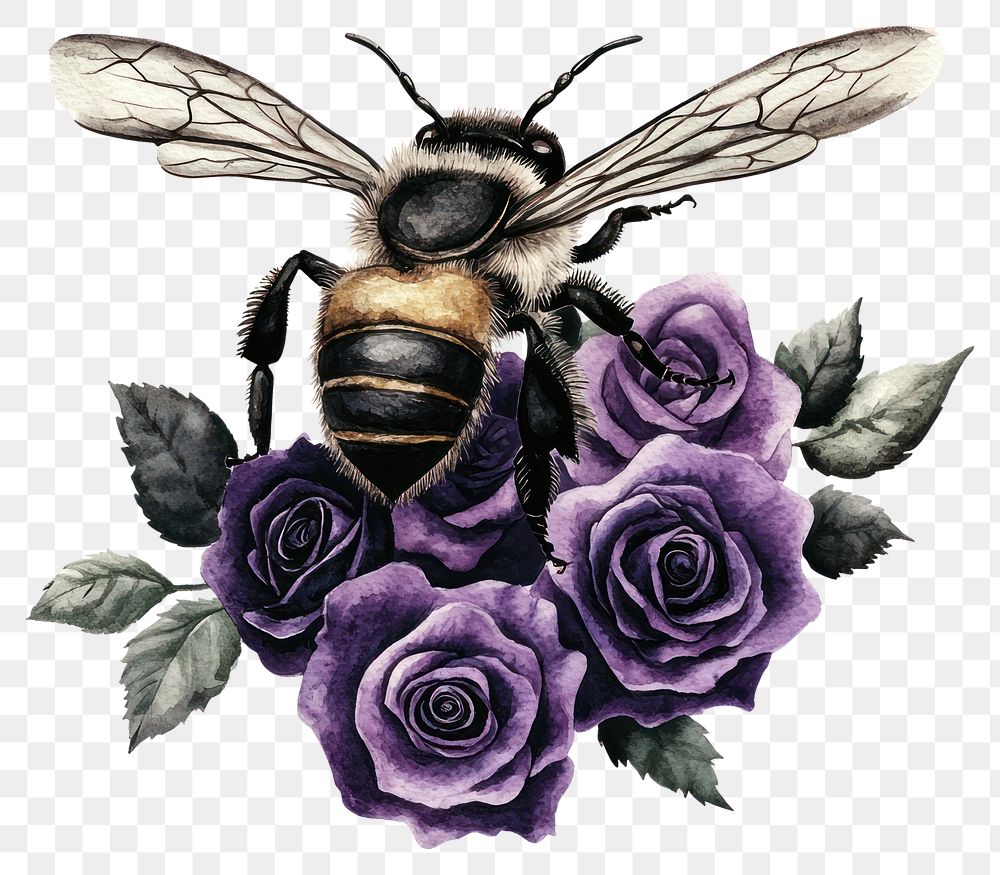 PNG Illustration of bee roses purple art.