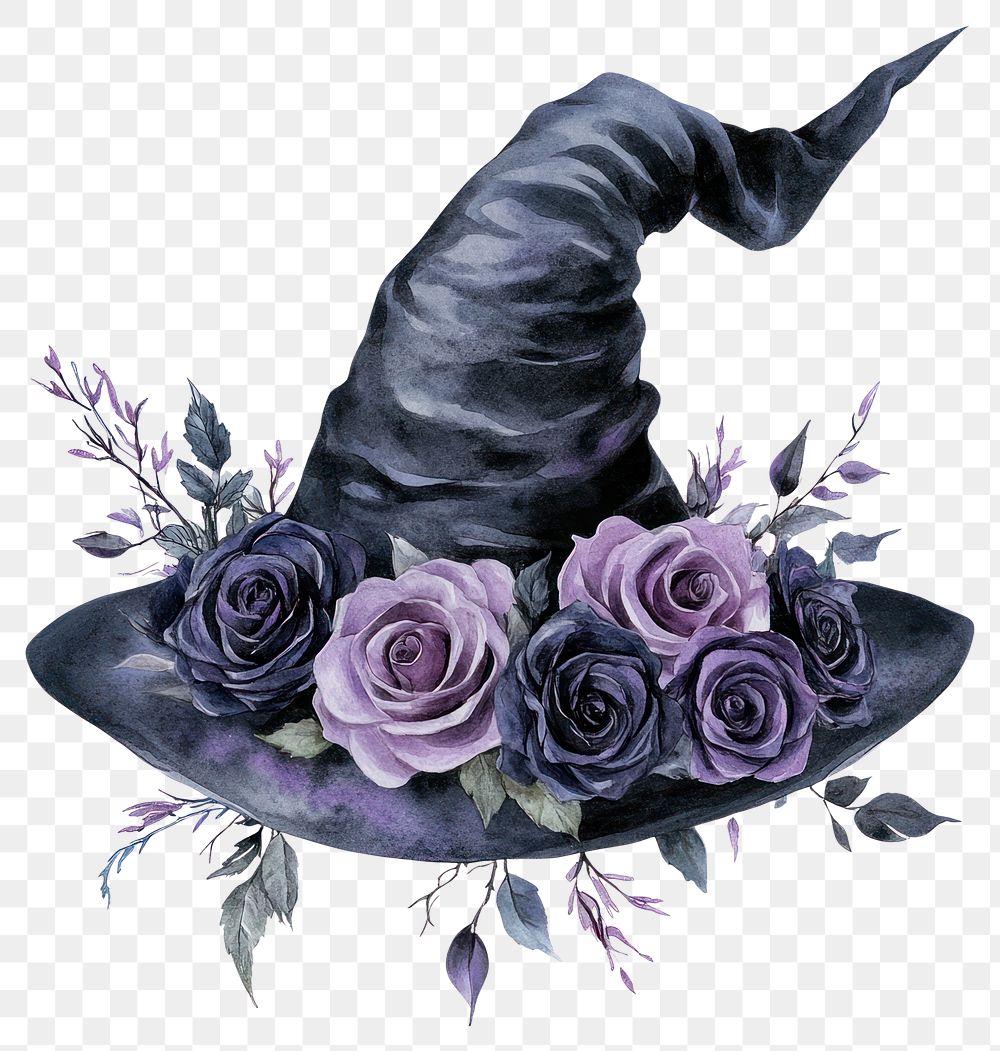 PNG Witch hat roses art illustration.