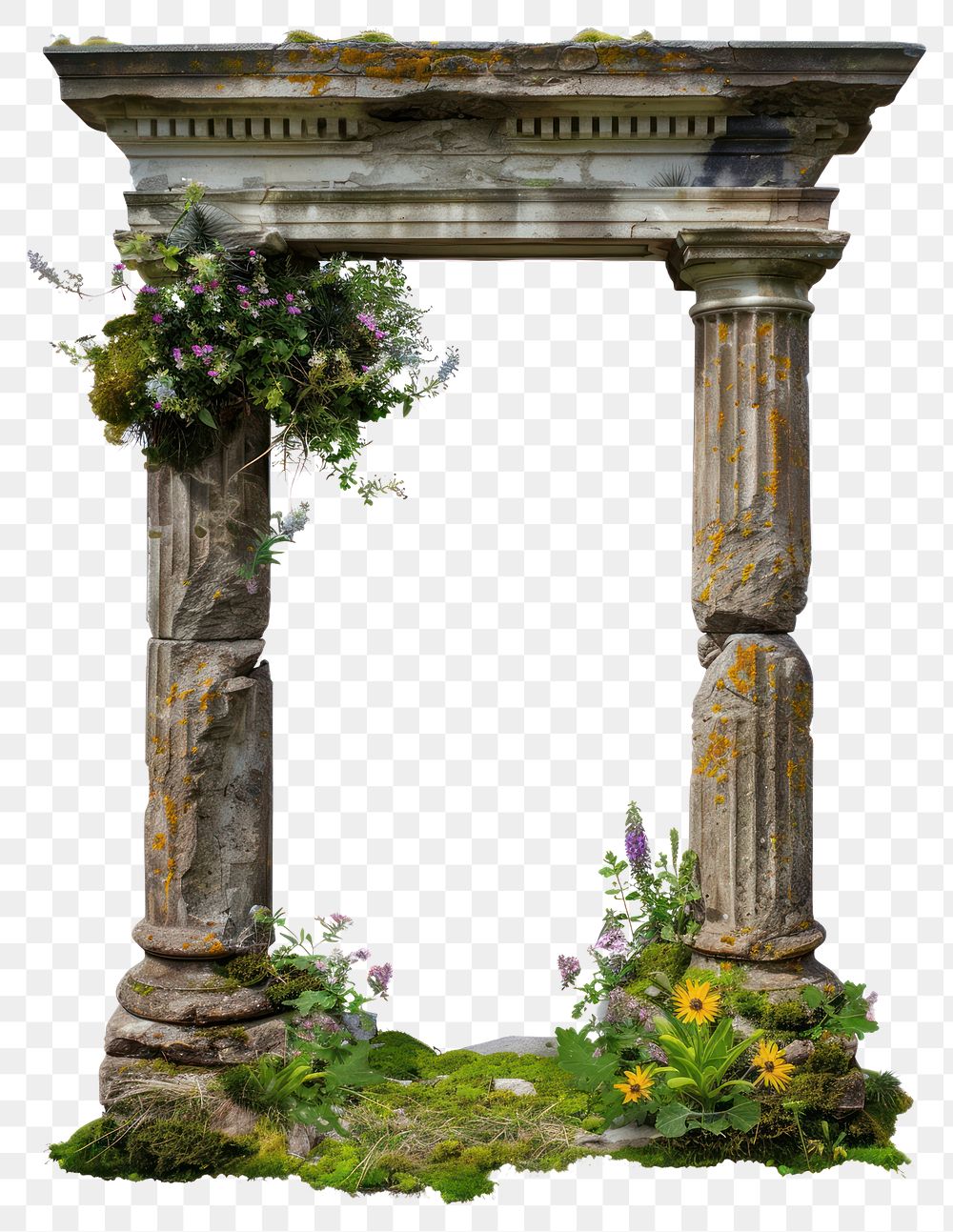 PNG Cracked Greek pillar arch flowers architecture columns.