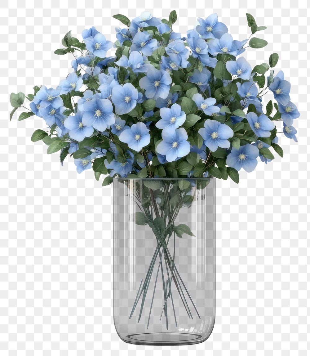 PNG Light blue flowers bouquets glass vase arrangement.