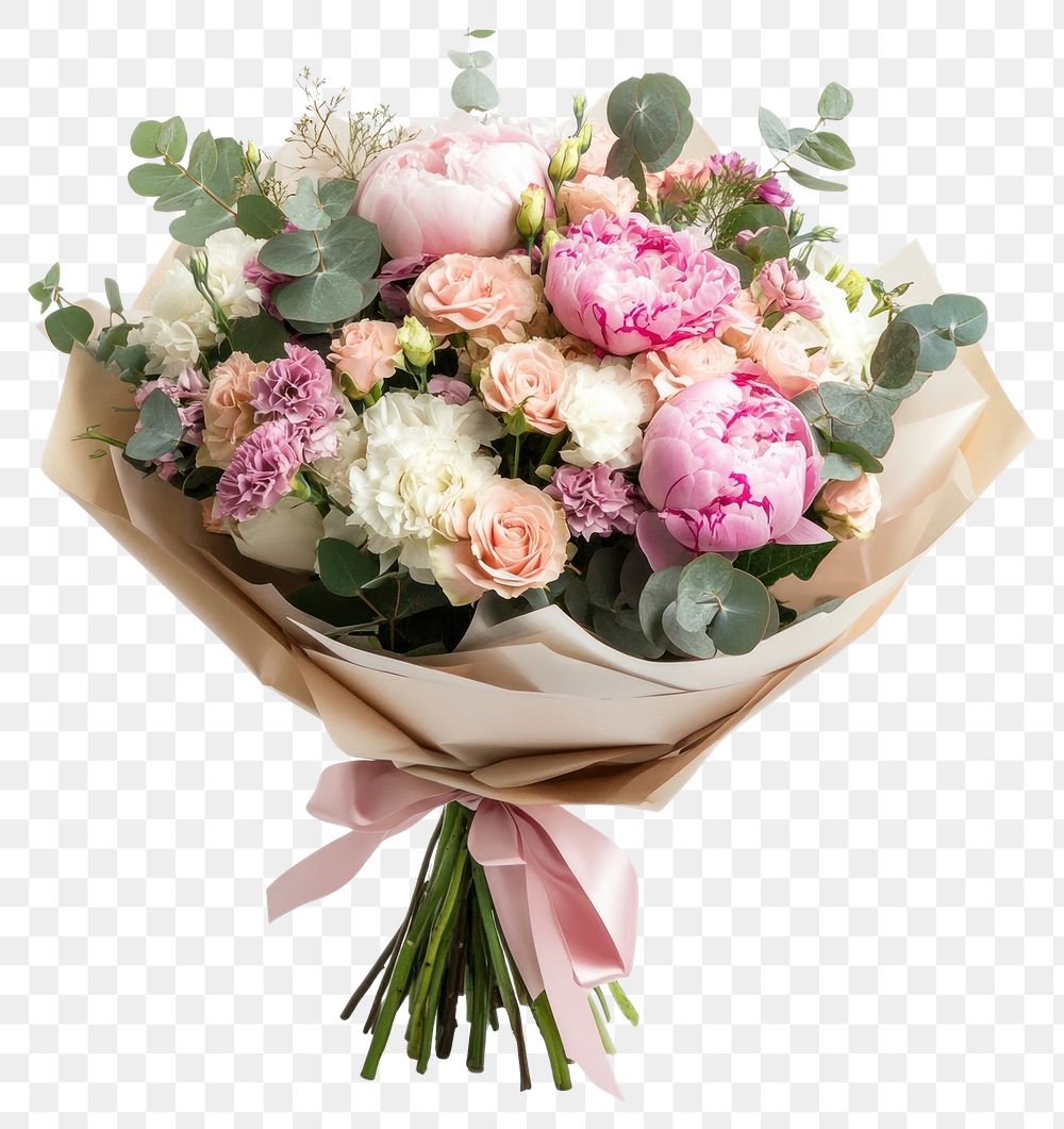 PNG A beautiful bouquet of pink and pastel flowers roses eucalyptus elegant.