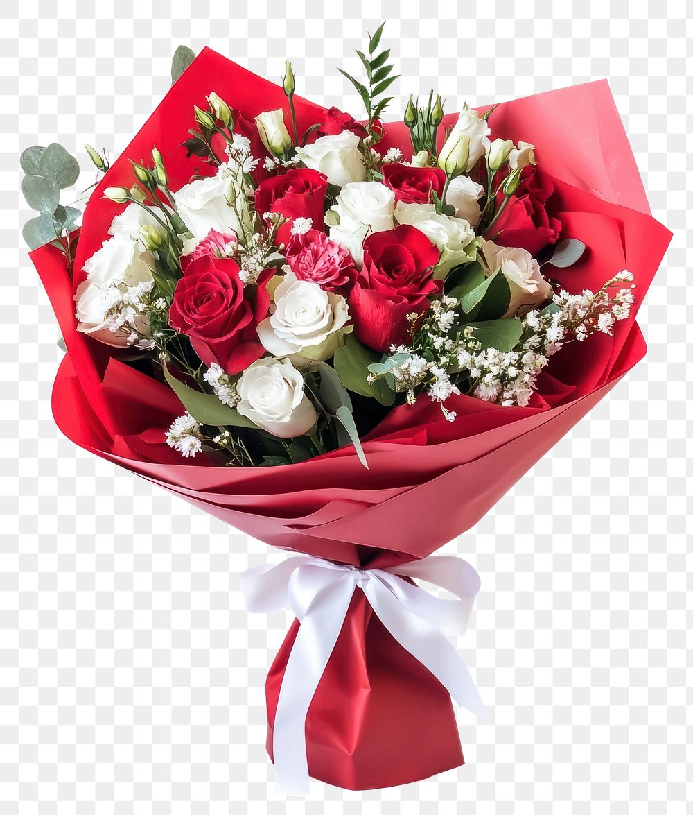 PNG A beautiful bouquet of red roses and white flowers wrapped paper arrangement.