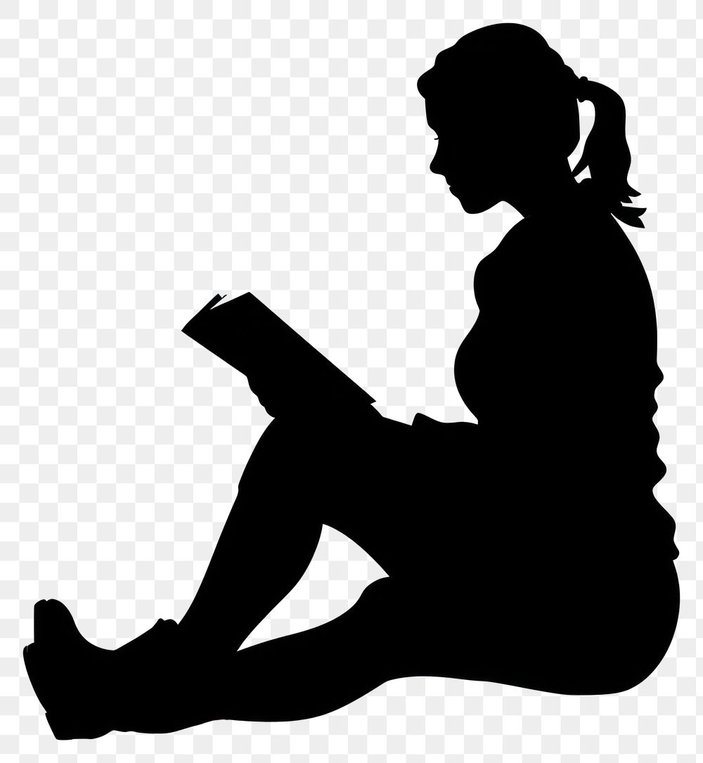 PNG Woman read book silhouette black white illustration.