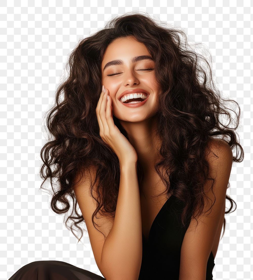 PNG Smiling woman with long curly hair laughing portrait happy.