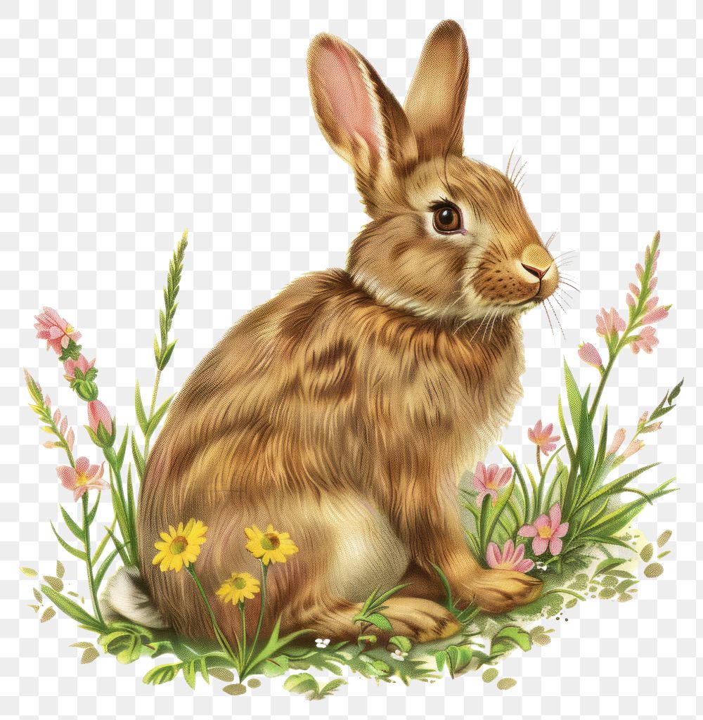 PNG Vintage illustration of rabbit animal wildflowers botanical.