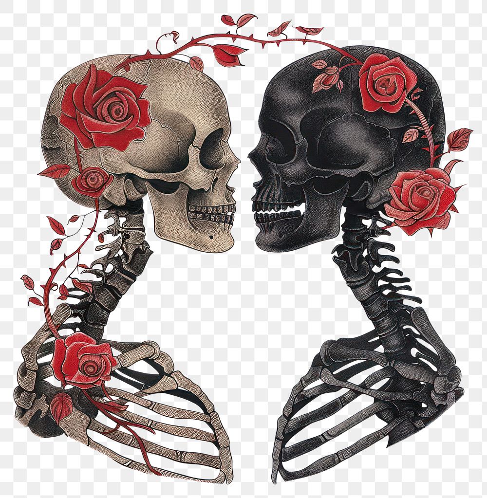 PNG Gothic wedding skeleton head illustration gothic roses.