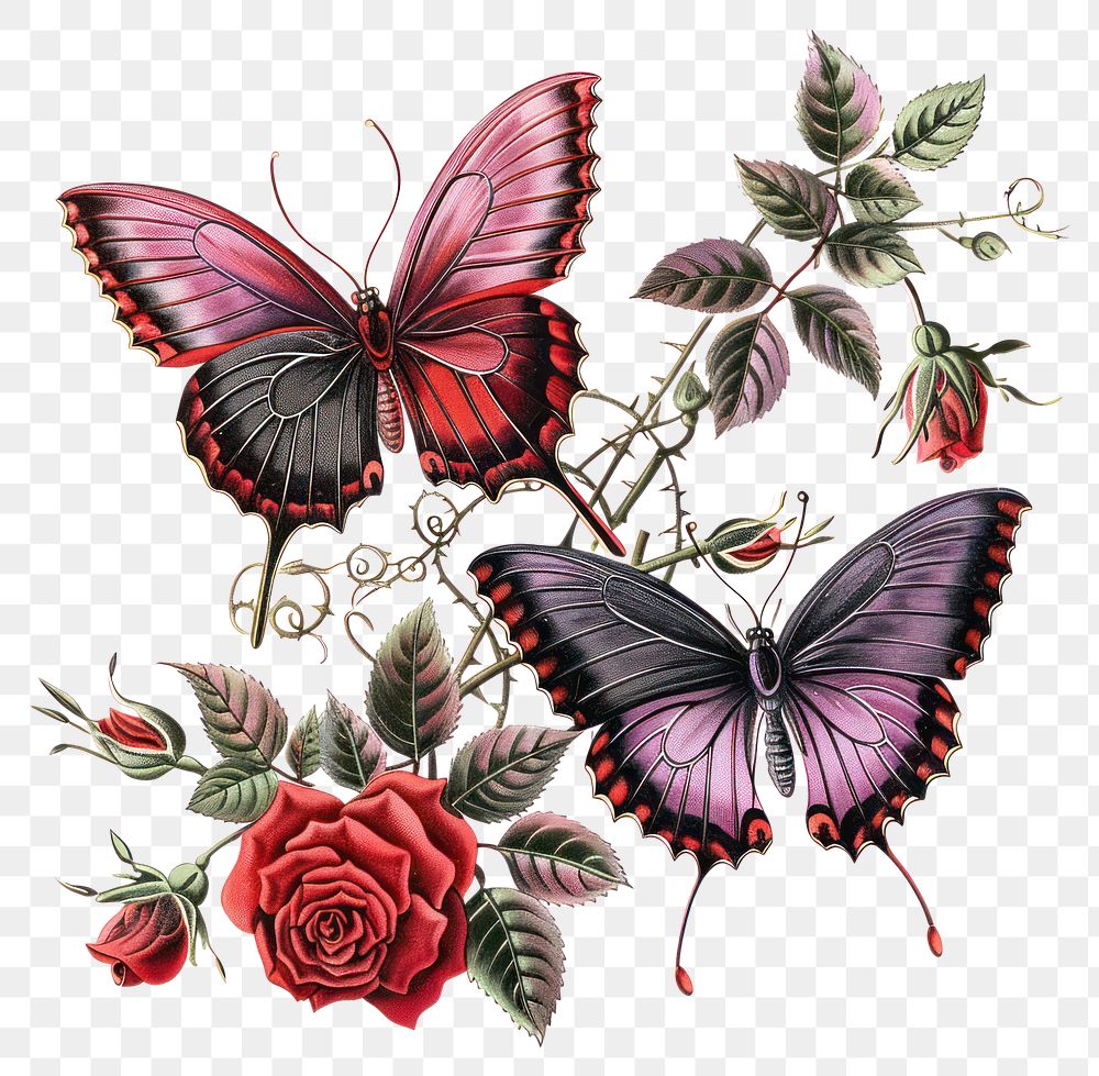 PNG Gothic wedding butterfly roses illustration art.