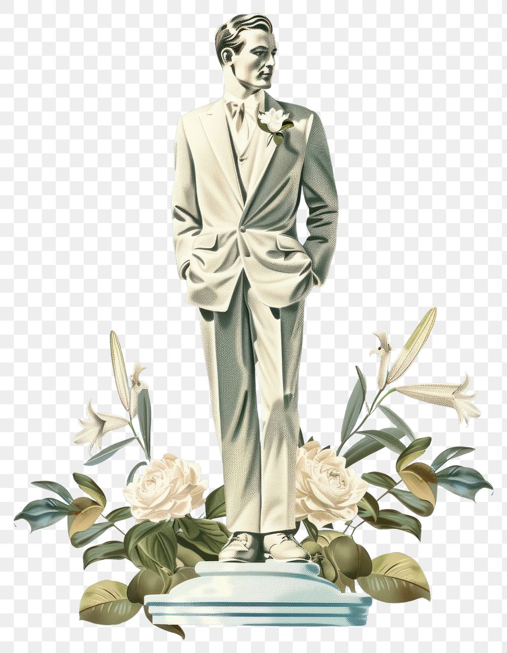 PNG Man statue wedding illustration flowers vintage.