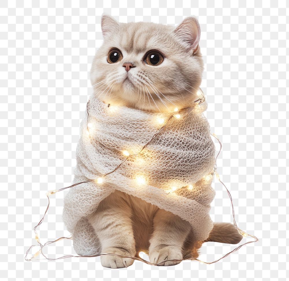 PNG A christmas cat wrapped by christmas decoration light animal lights adorable.