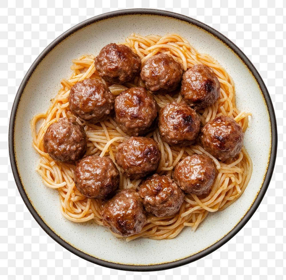 PNG An isolated meat ball spaghetti on a modern ceramic plate food meatballs traditional.