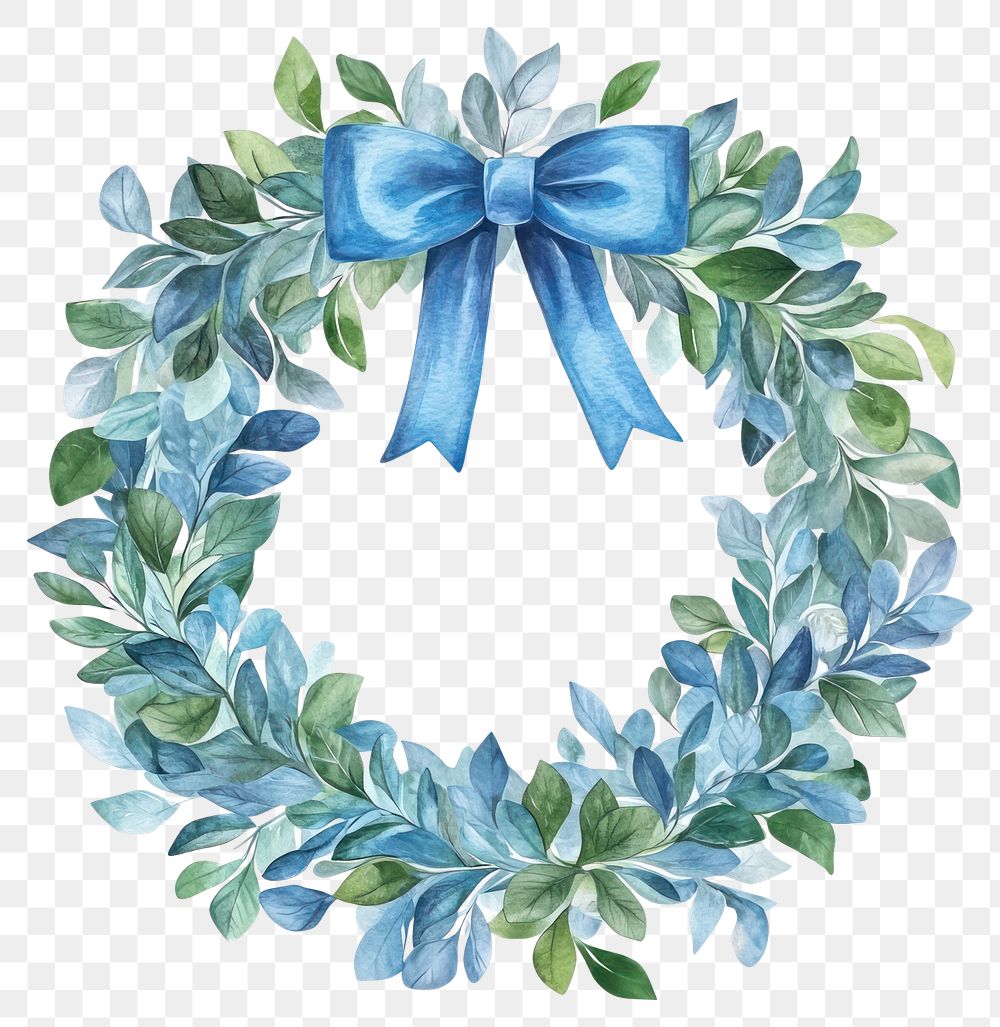 PNG Blue Christmas fluffy wreath leaves leaf watercolor.