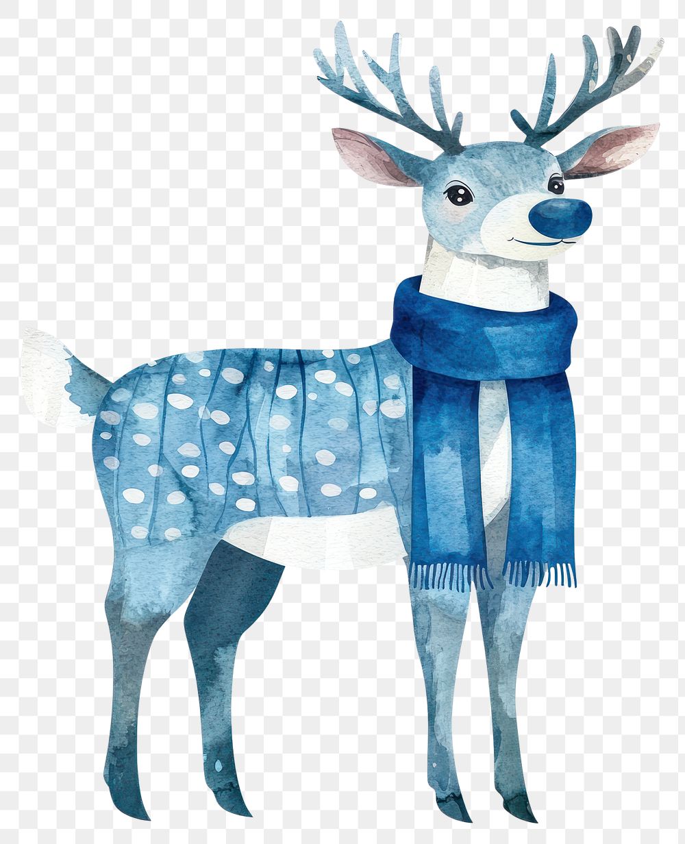 PNG Blue Christmas raindeer watercolor animal scarf.