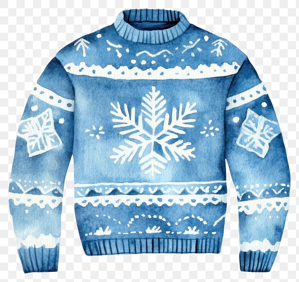 PNG Blue Christmas sweater watercolor clothing illustration.