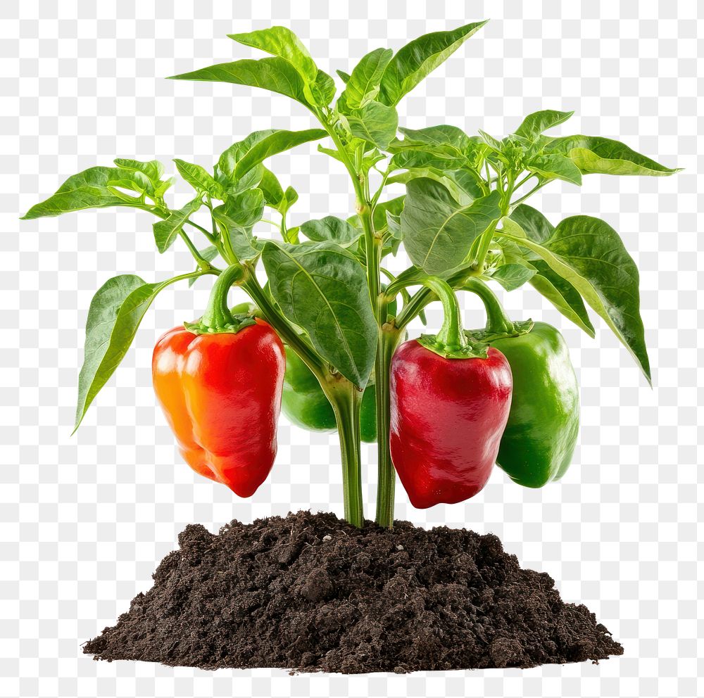 PNG Pepper plant with bell peppers growing in dirt vegetables produce vibrant.