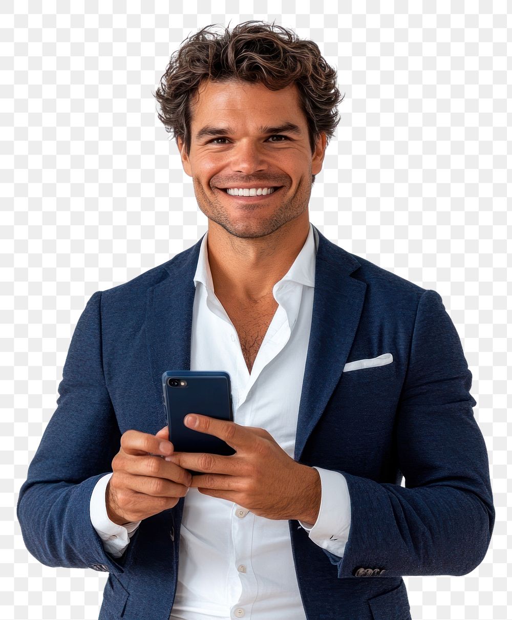 PNG Caucasian man using smartphone jacket suit communication.