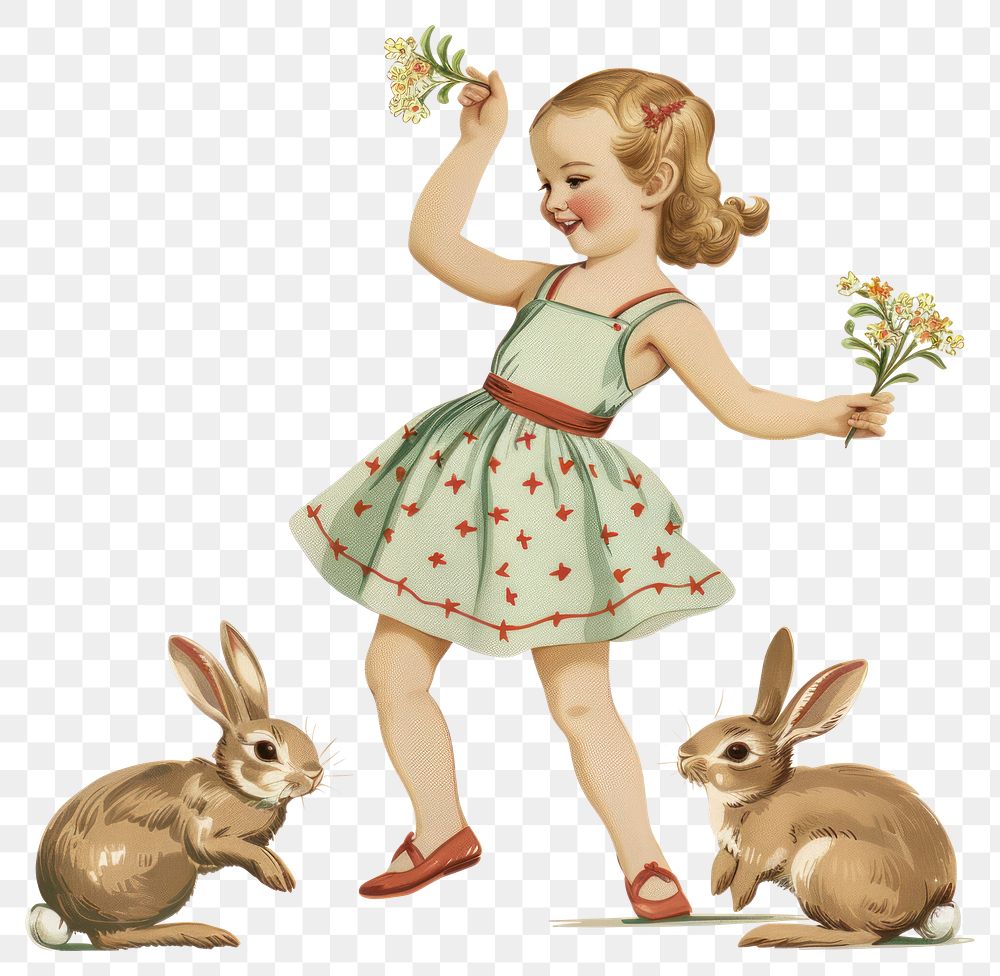 PNG Vintage illustration of little girl rabbits flowers child.