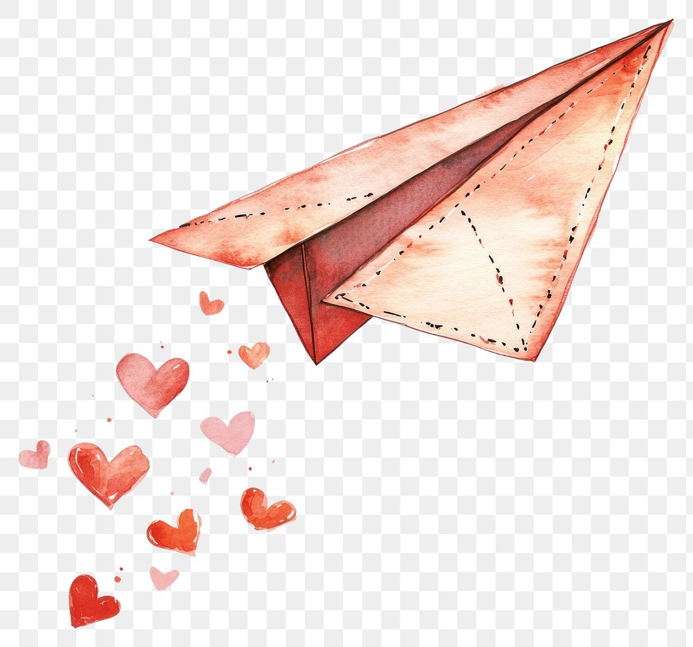 PNG A cute paper airplane with hearts flying on it watercolor design illustration.