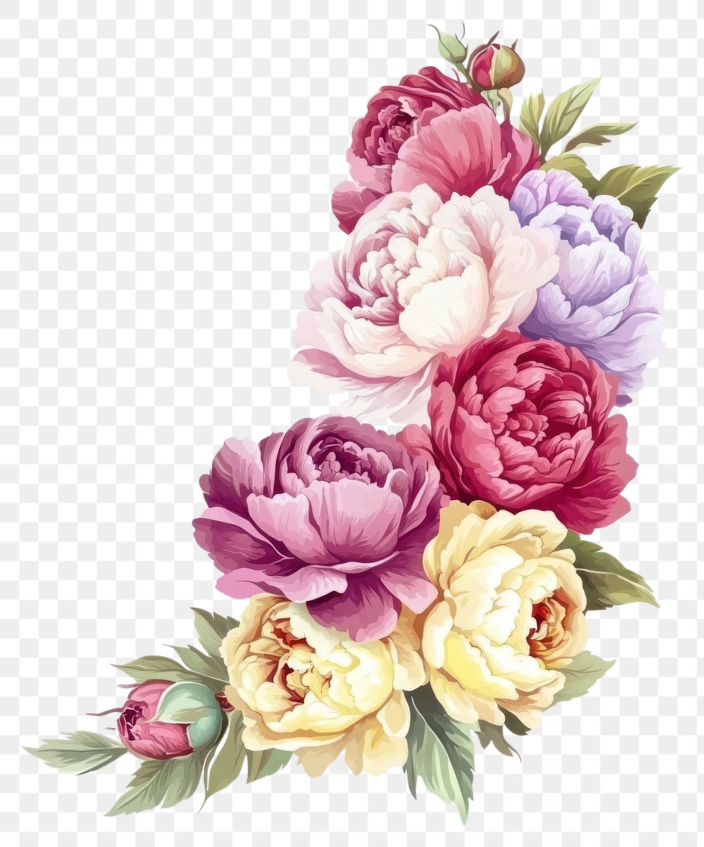 PNG Floral bouquet corner decoration peonies peony illustration.