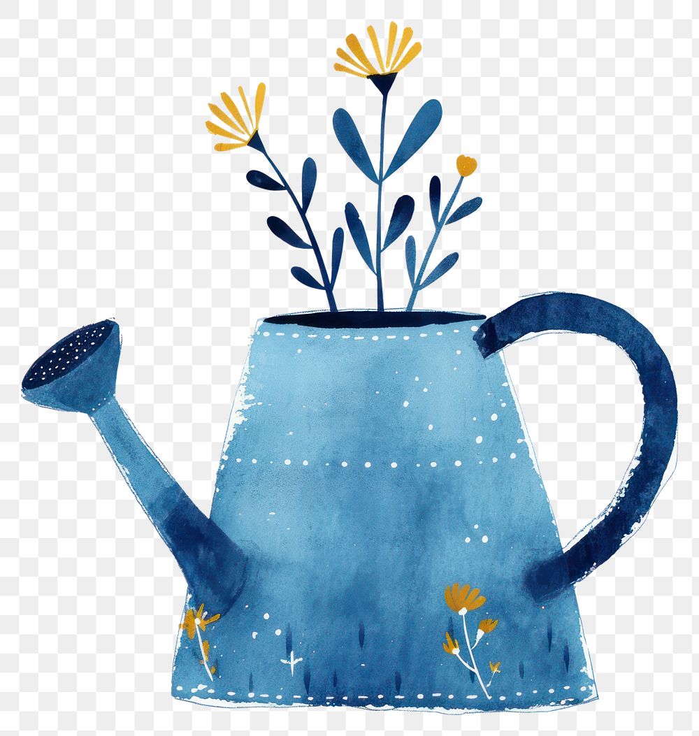 PNG Blue watering pot with flower illustration flowers art.