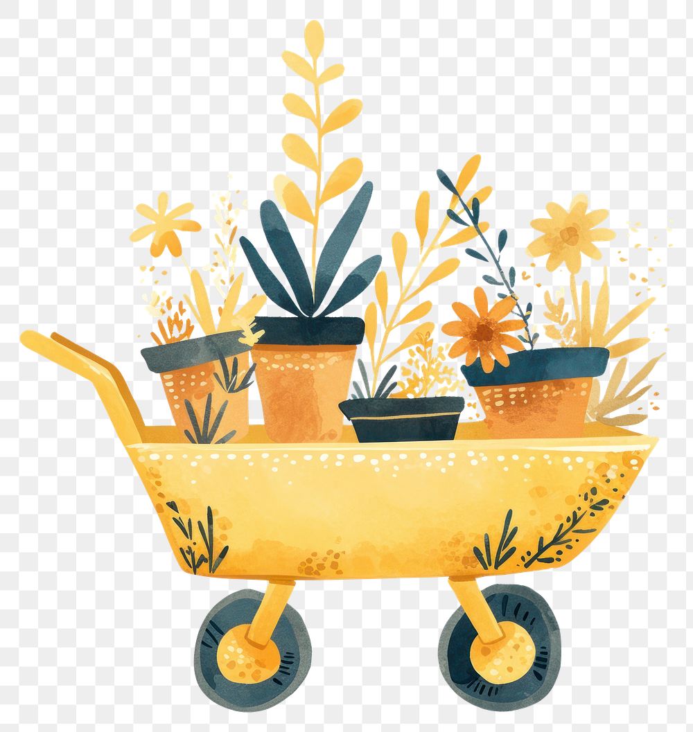 PNG A yellow wheelbarrow with flower pots flowers illustration watercolor.