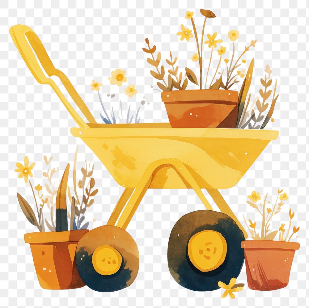 PNG A yellow wheelbarrow with flower pots illustration flowers plants.