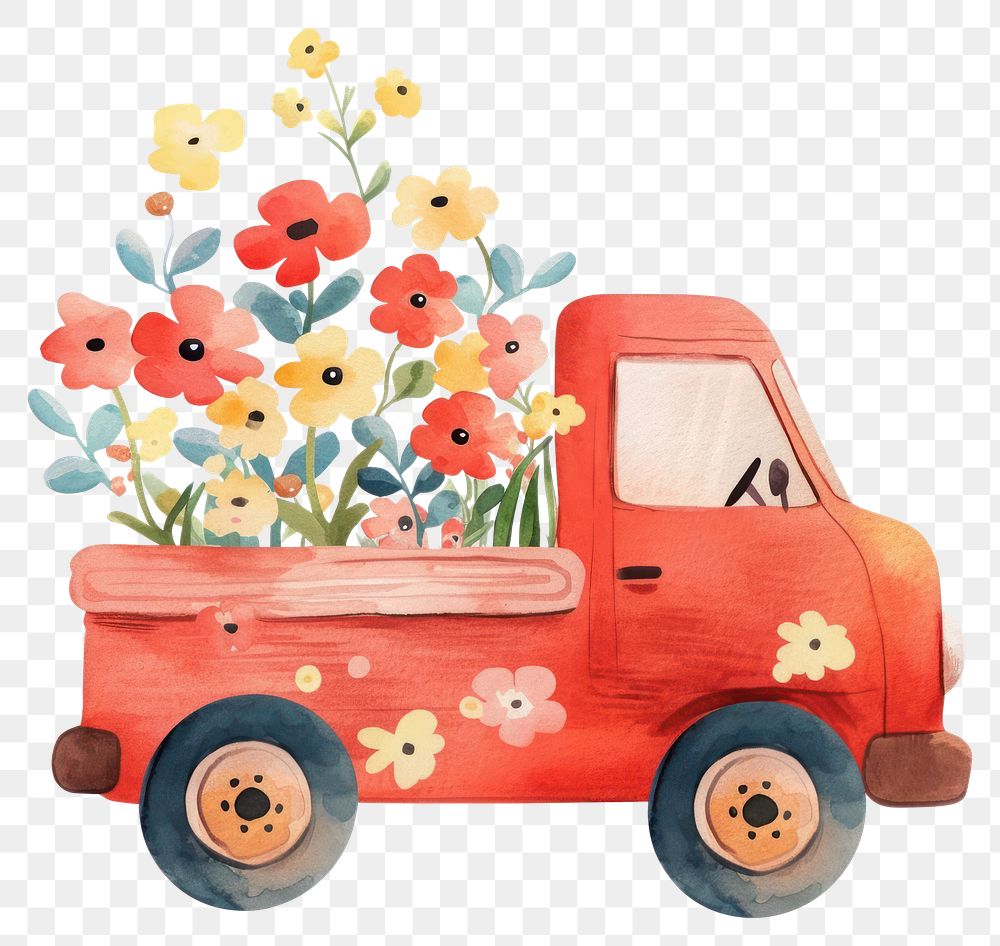 PNG Flowers in a red truck illustration watercolor vehicle.