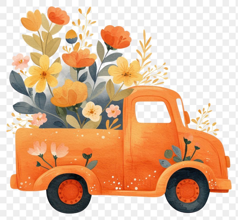 PNG Flowers in an orange truck art illustration watercolor.