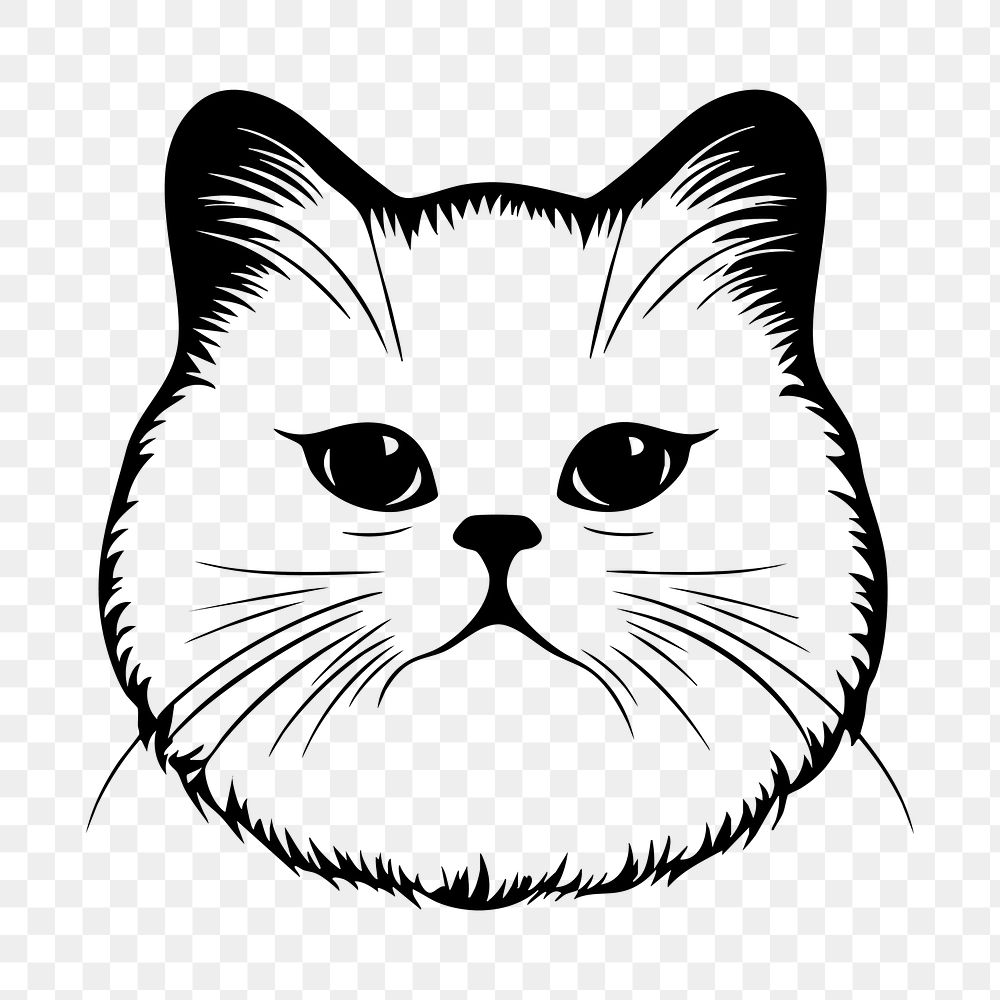 PNG Cat face portrait, black outline clipart style illustration, transparent background