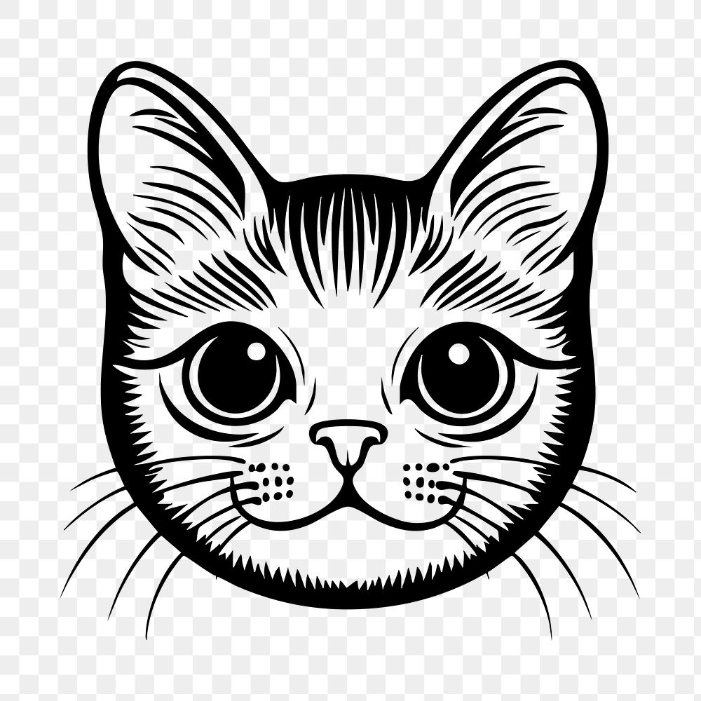 PNG American shorthair cat  face portrait, black outline clipart style illustration, transparent background