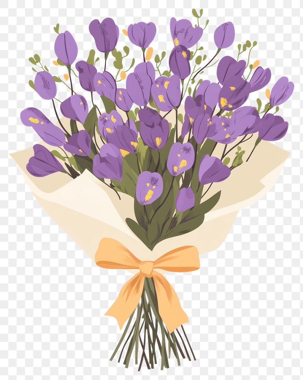 PNG Wedding violet flowers bouquet with paper wrap and bow tired art illustration purple.