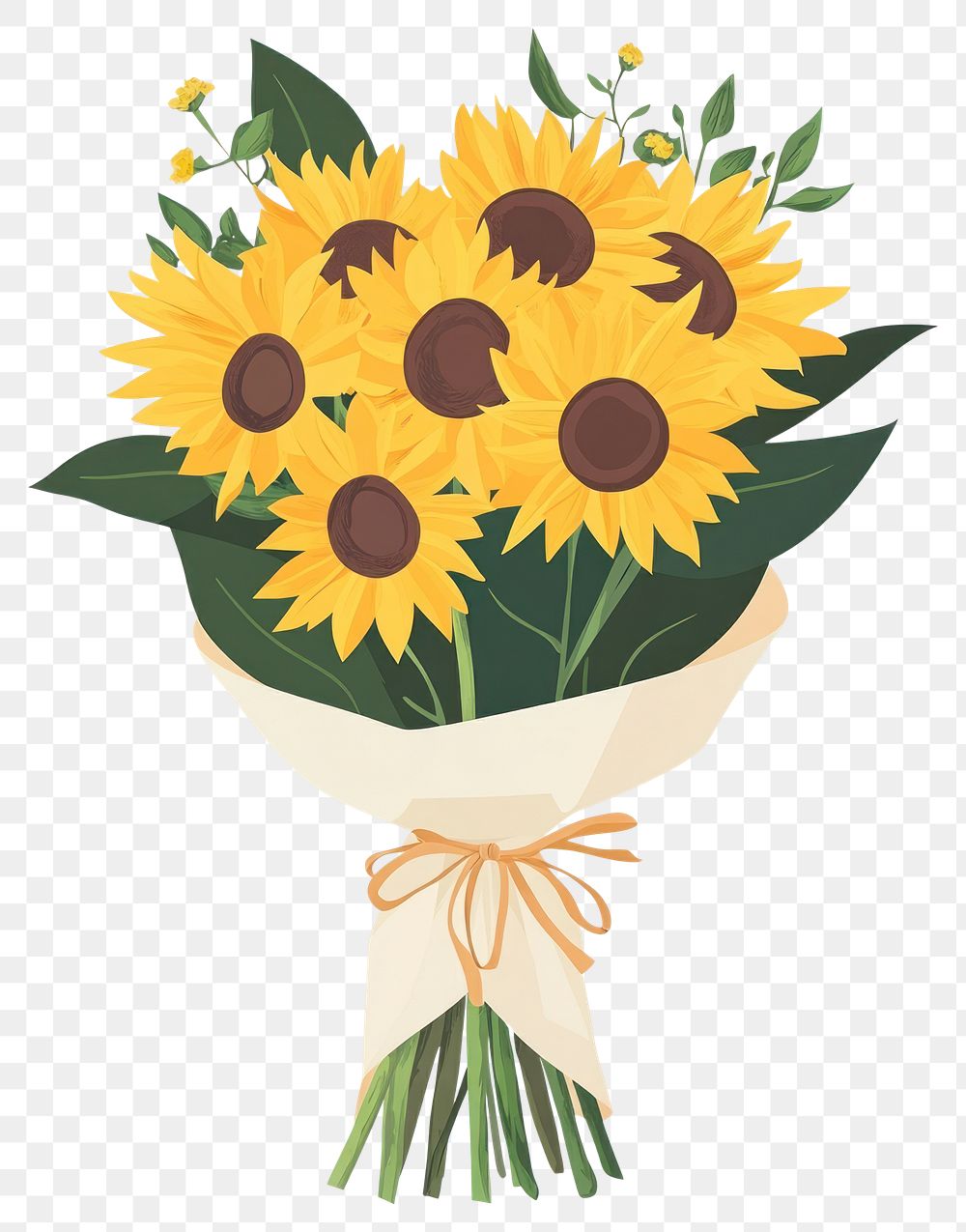 PNG Wedding sunflower flowers bouquet with paper wrap and bow tired art illustration arrangement.