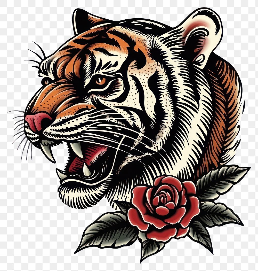 PNG Old-school tattoo tiger art animal design.