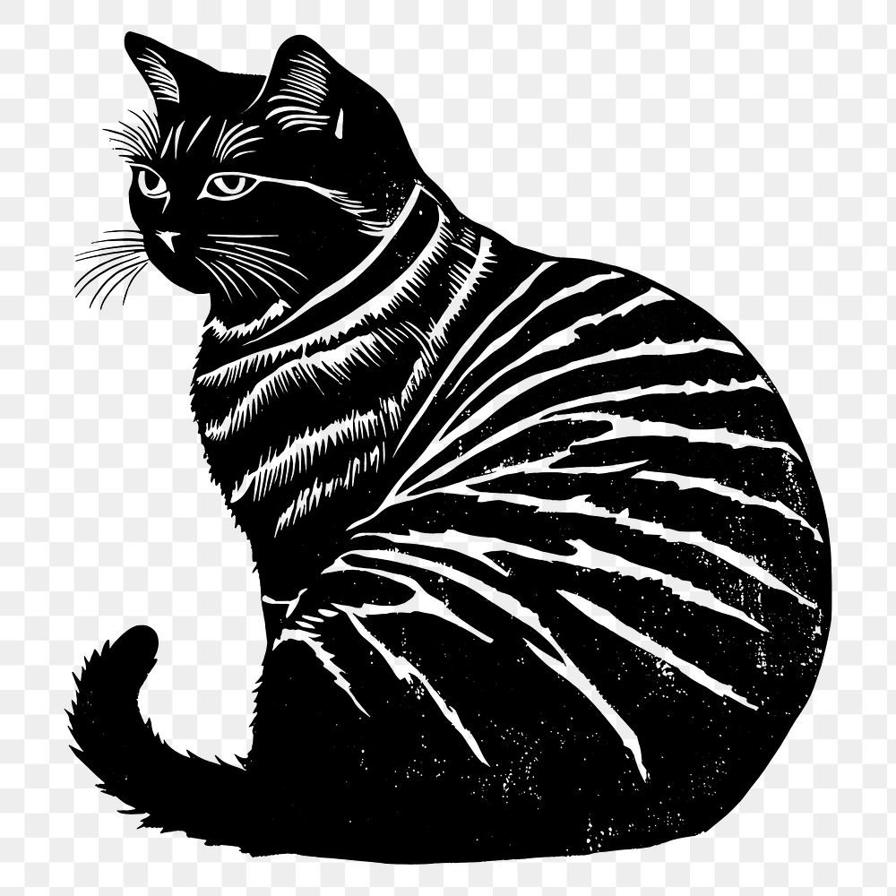 PNG Cat wood block print animal illustration stylized.