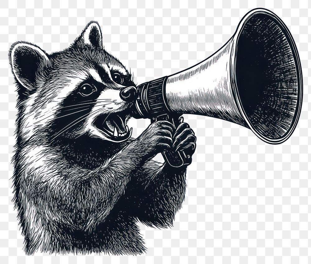 PNG Raccoon holding a big megaphone animal black white.