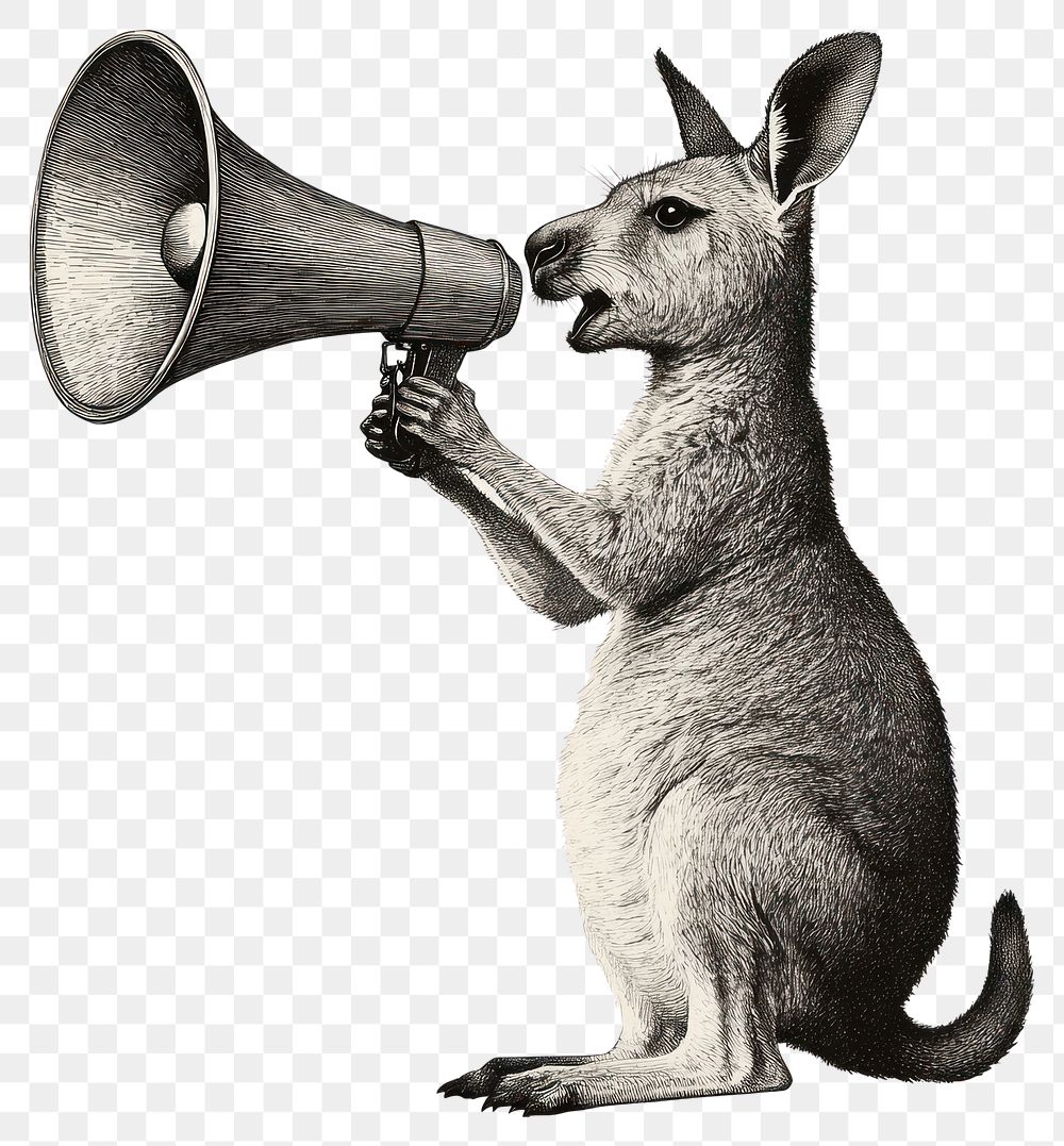 PNG Kangaroo holding a big megaphone animal black white.