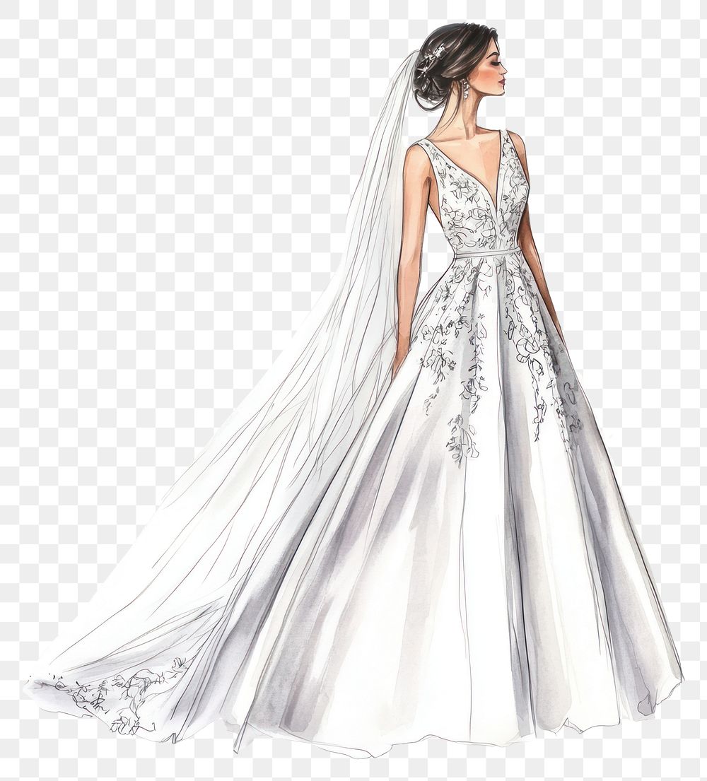 PNG Wedding dress fashion sketch illustration.