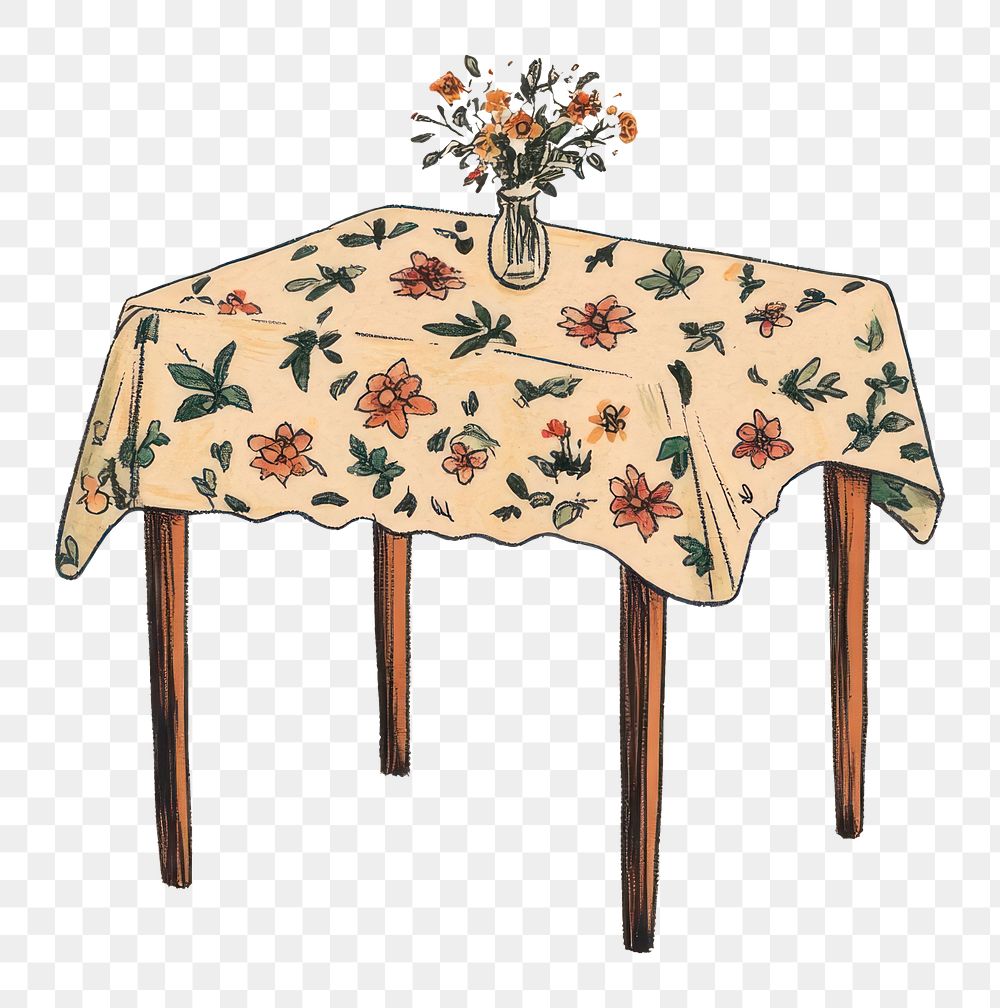 PNG Table with floral table cloth illustration tablecloth flowers.