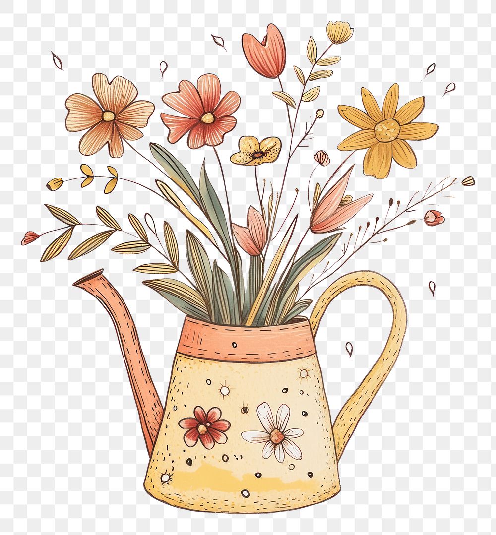 PNG Watering can with spring flowers in it illustration vintage art.