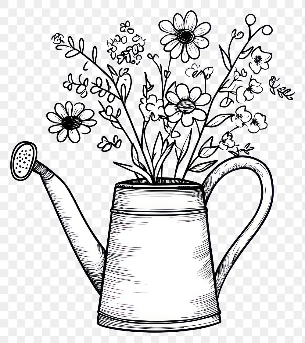 PNG Watering can with flowers doodle drawing art watering.