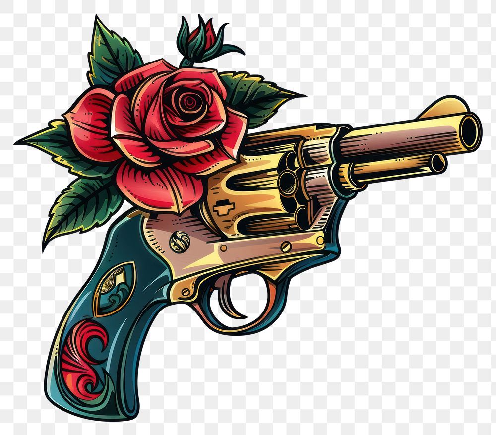 PNG Tattoo illustration gun with rose weapon decorative weaponry.