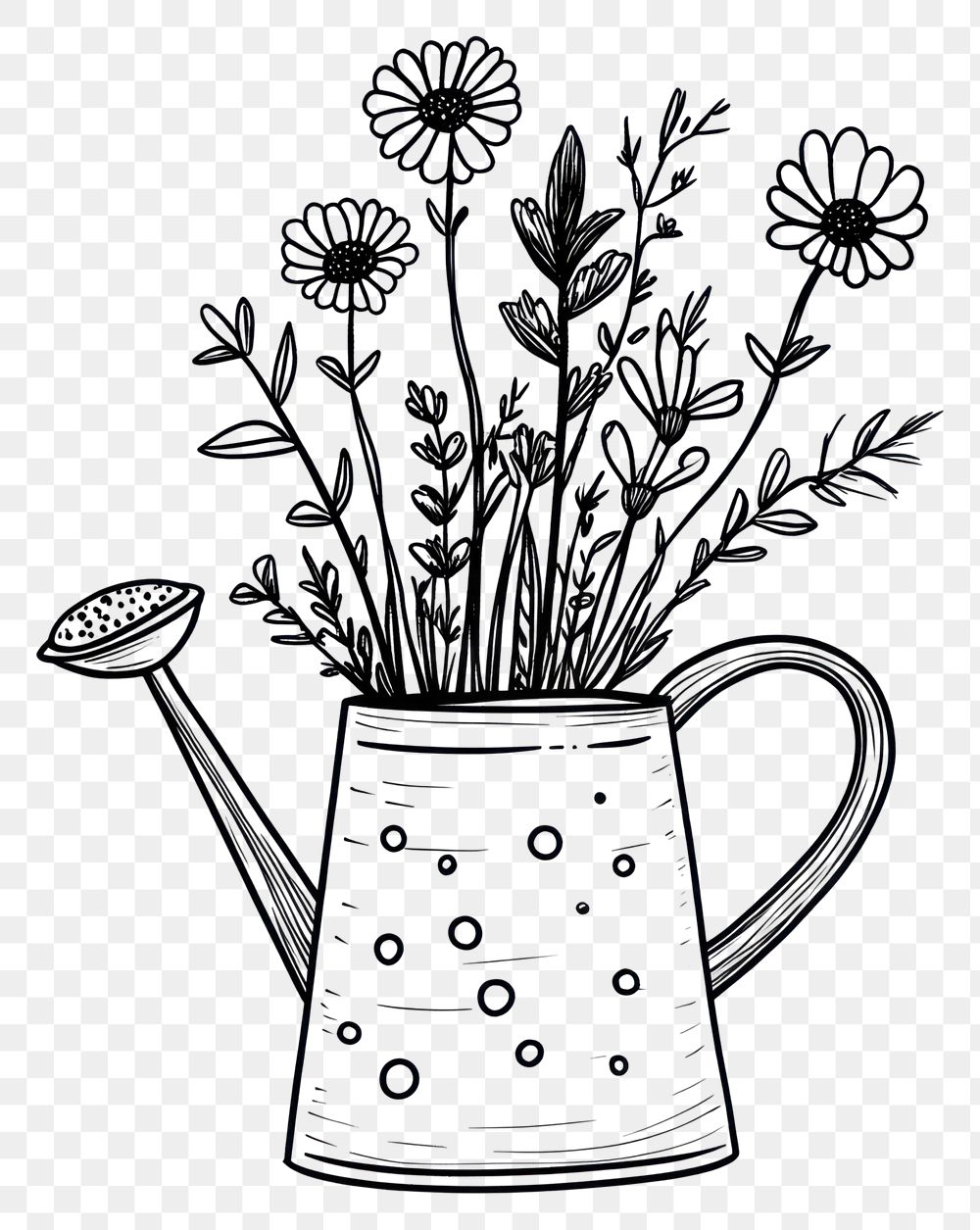 PNG Watering can with flowers art illustration hand-drawn.