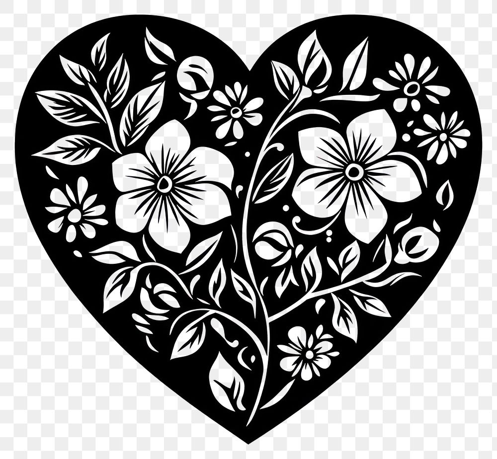 PNG Linocut heart with flowers pattern black white.